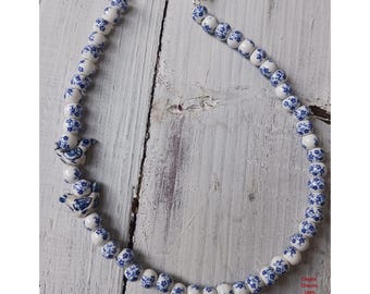 Hand Beaded Porcelain Necklace, Floral Bird Charm