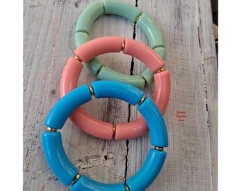 Pastel Acrylic Bracelet Stack Set of 3 – Chunky Stretch Bangles in Mint Green, Blush Pink & Turquoise Blue