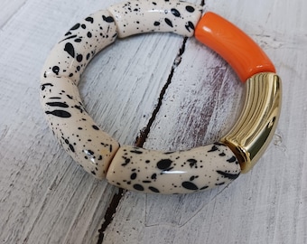 Handmade Fall Beaded Bracelet: Orange, Neutral Acrylic & Bamboo
