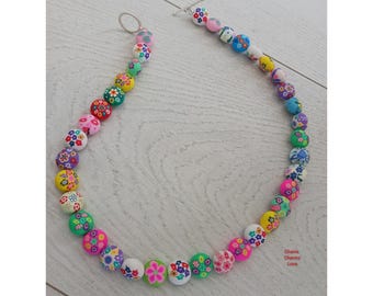 Colorful Clay Bead Necklace: Abstract Floral Design, 18 inch