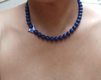 Navy Blue Acrylic Beaded Necklace: Porcelain Bird Charm