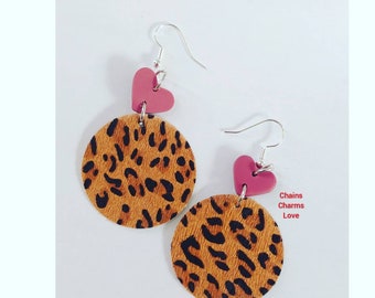 Leopard earrings, heart earrings, gifts for her, girl's birthday gift, handmade earrings, party earrings, animal print gifts