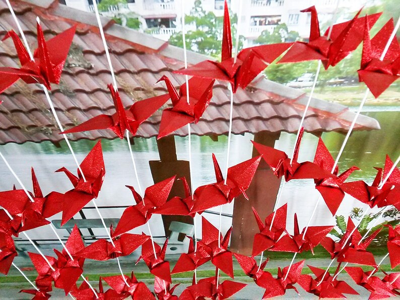 Glänzend Rot Origami Kraniche Girlanden 10 Stränge