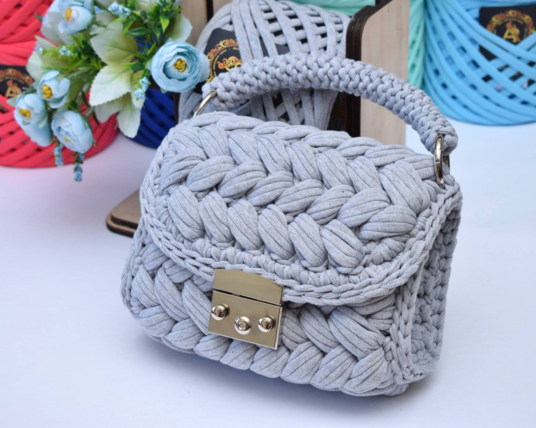 Crochet crossbody bag Marshmallow colour grey melange Etsy