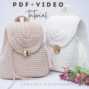 PDF + Video tutorial Crocheting a Classic Backpack of T-shirt yarn