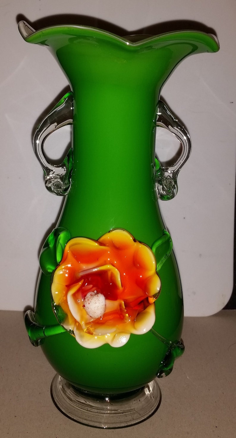 Vintage murano green glass vase Etsy