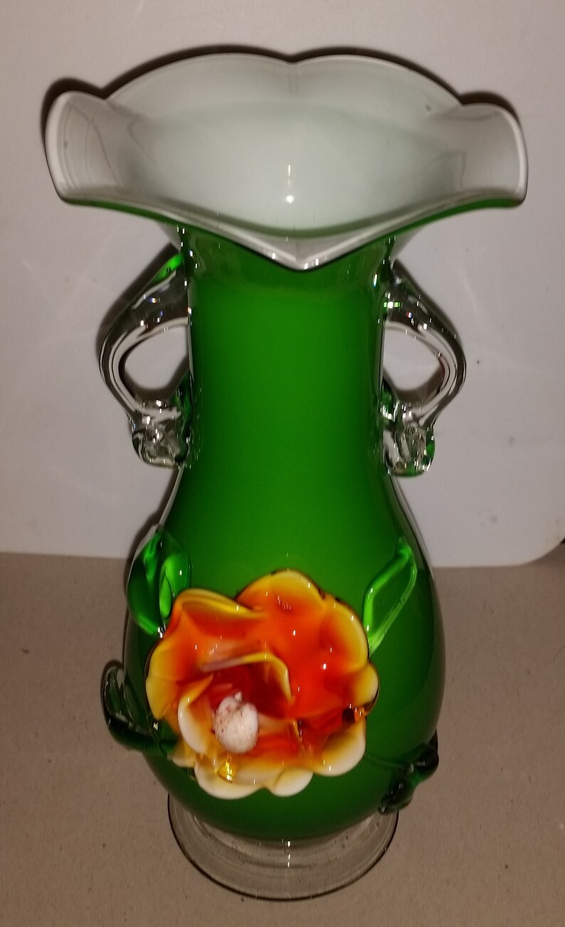 Vintage murano green glass vase Etsy