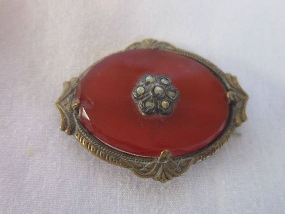 Antique Victorian Fancy Agate Marcasite Brooch - … - image 1