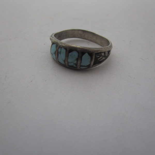 Old Pawn Native American Sterling Silver & Inlaid Turquoise Men's Ring