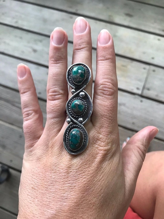 Unique Vintage Native American Navajo Hopi Turquoise Sterling Silver Ring Signed Unique Vintage Native American Navajo Hopi Turquoise Sterling Silver Ring Signed