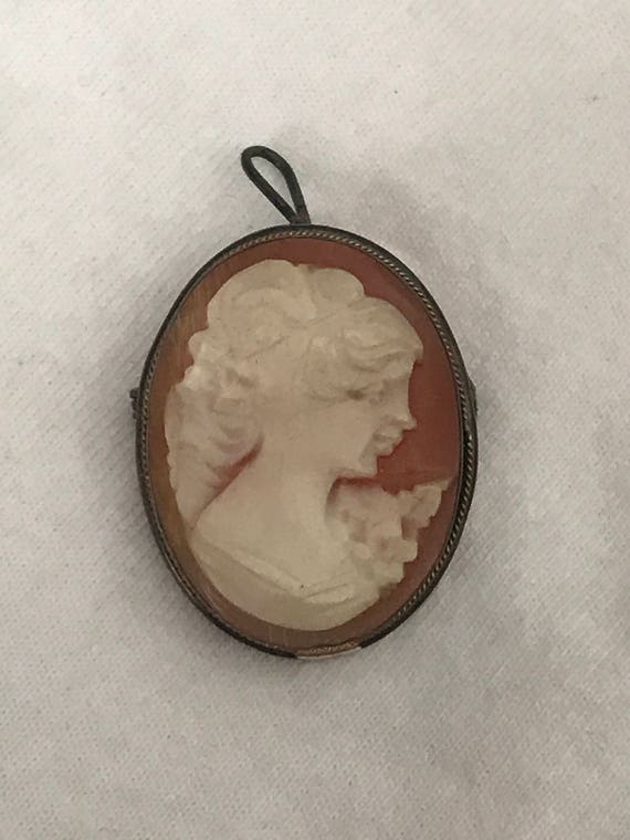 Antique 800 Silver and Real Shell Cameo Brooch or 