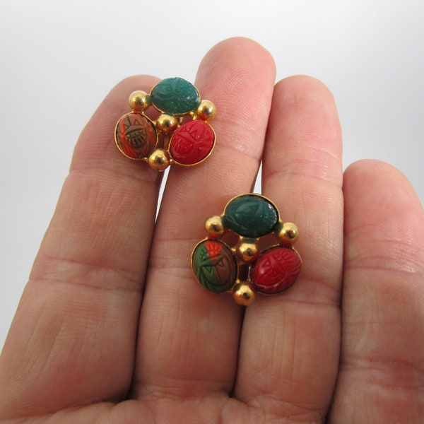 Retro Gold Tone Screw Back Earrings with Faux Semi Precious Stone Scarabs