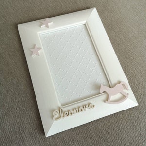 Personalized photo frame, 4x6 Picture Frame, Wooden frame, white and unique photo frame, gift for a girl, white and pink, rocking horse