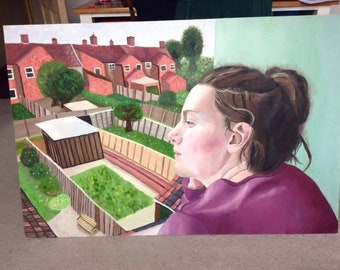 Large Original Oil Self Portrait Painting, Overlooking My Back Yard