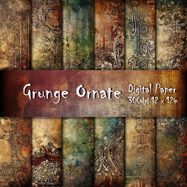 Grunge Ornate Textures Digital Paper - Grunge Backgrounds -12 Designs - 12in x 12in - Digital Paper Commercial Use - INSTANT DOWNLOAD