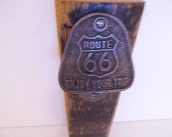 Route 66 Bottle Opener mounted on a Reclaimed Whisky Barrel Stave