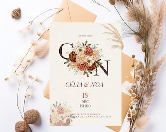 May include: Save the date! Wedding invitation with a floral design featuring the letters C and N, the names Celia & Noa, the date December 15th, and the time 7:00 PM. The invitation is decorated with a floral arrangement in shades of red, orange, and white.