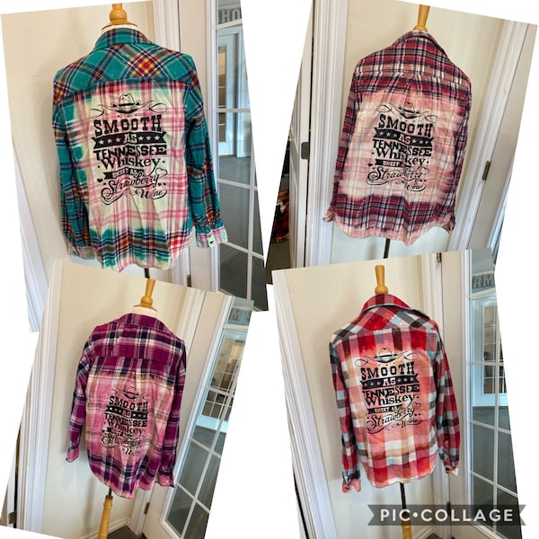 Smooth as Tennessee Whiskey Distressed flannel shirts, bleached flannel, upcycled flannel,