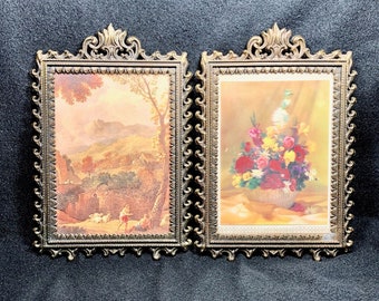 Vintage PAIR  Brass Ornate Oval Frames 9 7/8" high x 6 5/8" wide - Floral & Landscapes Made in Italy