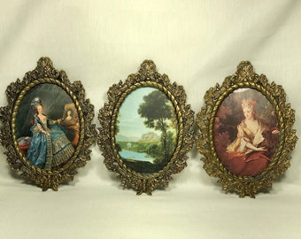 Vintage LOT Of THREE Brass Ornate Oval Frames 7" high - Portraits & Landscapes Made in Italy