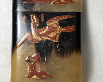 Antique Japanese Cigarette or Cigar Case with Beautiful Lacquered Birds WOW