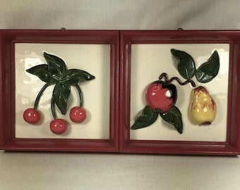 Vintage 1940's 3-D Ceramic Tiles Set of Hand Painted Cherry, Apple and Pear Framed