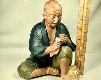 Vintage Oriental Asian Man Ceramic with A Fish and Catch Basket - 7 5/8" Tall - Wow!