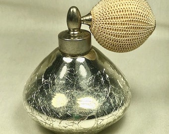 Vintage  HOLMSPRAY, Chartley, Mass Art Deco Perfume Atomizer - Silver Crackle Glass - Beautiful!