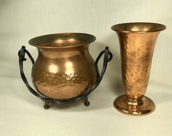 Hammered Copper Kettle or Cauldron / Iron Handle - BrassFeet & small Copper Vase