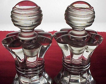 Pair Perfume Bottles & Stoppers Vintage Clear Crystal Glass Hour Glass Design - WOW!