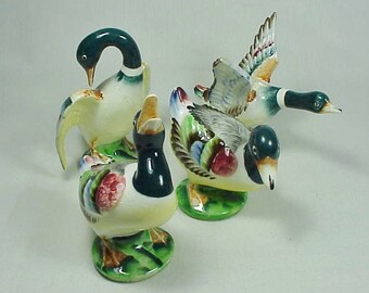 FOUR DUCKS (2 Sets) vintage Mallard Duck Bird Porcelain Ceramic Figurines - Made in Japan