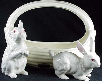 Haeger Pottery Ceramic White Oval BASKET & a Set of FREE Cute White Rabbits
