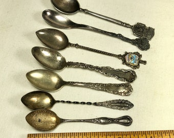 Vintage Lot of 7 DEMITASSE  and  Souvenir SPOONS - 6 Sterling and 1 Coin Silver - WOW