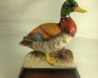 Vintage Porcelain Glazed Mallard Duck Figurine on Porcelain Base - Original Box!