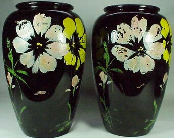 VASES Black PAIR Vintage 9" Tall Opaque with Cold Painted Floral Design - WOW !