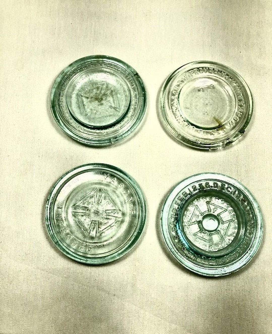 Lot of 4 Vintage Canning Jar Lids or Flat Inserts, Aqua & Clear Glass