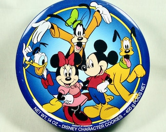 Vintage Walt Disney 7 5/8" Round Tin with Mickey and Minnie Mouse, Pluto, Goofy and Donald Duck - GREAT!