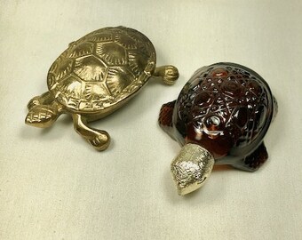 Brass Turtle Hinged Trinket Keepsake Jewelry & FREE Avon Turtle Perfume Bottle!