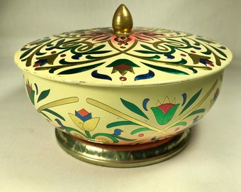 Vintage ENGLISH Tulip floral Lidded Round Biscuit Candy Tin Canister 6 3/4" WOW!