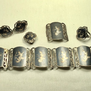 Siam Silver Vintage Nielloware Etched Engraved Set Bracelet Ring + Earrings Plus