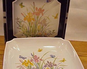 Ceramic Porcelain Square Candy Dish Hand Painted Iris & Butterflies in Original Box