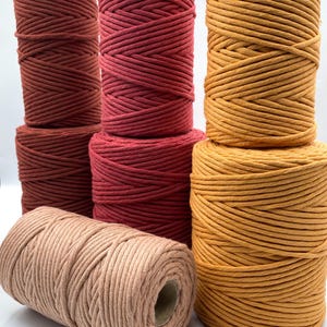 Könnte beinhalten: Eine Sammlung farbenfroher Makramee-Kordelspulen in Rot-, Braun- und Gelbtönen. Die Spulen sind eng gewickelt und zeigen die Textur der Kordel. Die Farben reichen von tiefem Burgunder bis zu hellem Beige und bieten eine Vielzahl von Optionen für Bastelprojekte.
