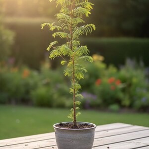 May include: A young, slender tree in a gray ceramic pot sits on a wooden table. The tree has vibrant green, feathery leaves and a brown trunk. The background features a blurred garden with green grass and colorful flowers, bathed in sunlight.