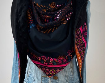 Maxi scarf, shawl, black, pink and orange scarf lined in black minky fleece &quot;Happy Felicie 2&quot;