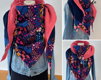 Maxi scarf, scarf, shawl “Happy Bliss Pink Ete” pink and blue lined in double Coral cotton gauze with silver sequins