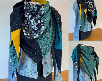 Maxi chèche, châle, foulard E220 Double Patchwork Printemps-Ete en coton et viscose