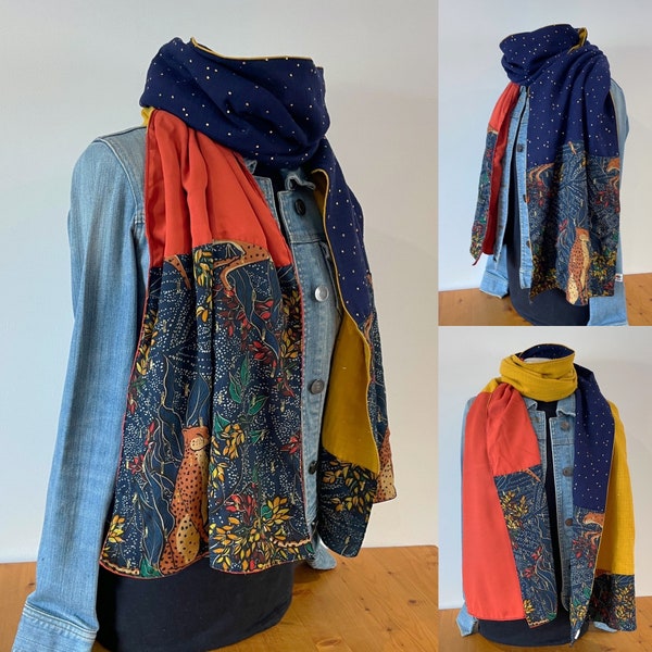 Grand foulard rectangulaire femme bleu, jaune et brique R24