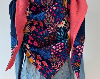 Maxi scarf, scarf, shawl &quot;Happy Bliss Pink Ete&quot; pink and blue lined in double cotton gauze Coral with silver sequins