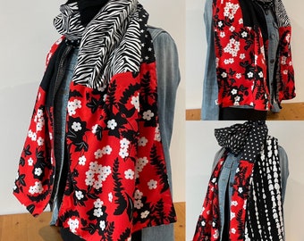 Grand foulard rectangulaire femme noir, blanc et rouge R17