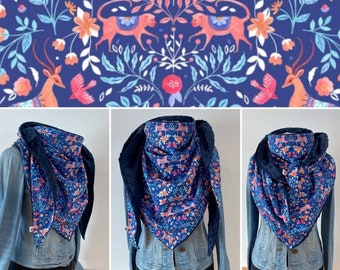 Maxi scarf, shawl, blue, coral and pink scarf lined in navy blue minky fleece “Enchanted Forest”